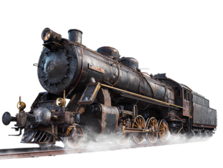  Angled perspective vintage steam locomotive train isolated on transparent background PNG