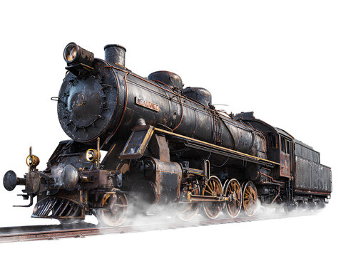  Angled perspective vintage steam locomotive train isolated on transparent background PNG
