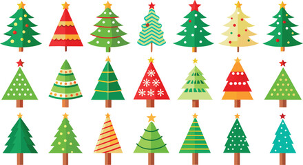 Christmas trees set isolated on transparent background. Colorful winter trees bundle for holiday xmas and new year. Vector illustration