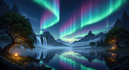 Mystical Aurora Borealis Reflects in Serene Mountain Lake