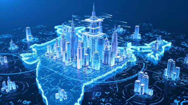 Futuristic Digital City Skyline Rising from Glowing Holographic Map of India Showcasing Technological Innovation, Urban Development, and Modern Connectivity in Transformative World