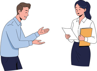 Business communication illustration with male and female colleagues discussing documents, teamwork collaboration, office meeting, corporate presentation, project planning, professional workplace.