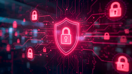 Use of modern AI models bolsters digital security and data protection. Robust safety measures across network featuring glowing shield and padlock symbolize confident defense against cyber threats