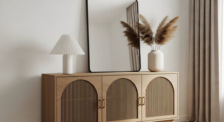 Modern minimalist home decor light oak sideboard mirror pampas grass
