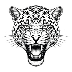 Fierce black and white illustration of a snarling leopard head with bared fangs.
