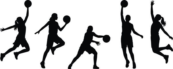 Silhouette of Female Basketball Players in Action Poses, Dribbling, Jumping, and Shooting Isolated on White Background Vector Illustration © MDAMIRHAMJA