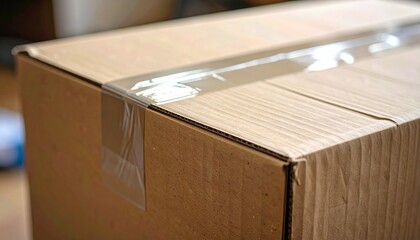 Sealed Cardboard Box Ready for Shipping or Moving, Close Up of a Taped Brown Box with Corrugated Material