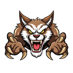 Fierce cartoon werewolf mascot head snarling with aggressive bared teeth and sharp claws.