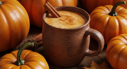 Warm Pumpkin Spice Drink in Brown Mug Surrounded by Fresh Pumpkins and Cinnamon Sticks