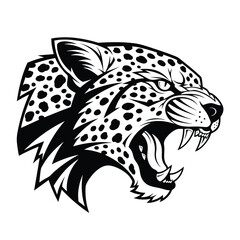 Fierce roaring spotted leopard head in a bold black and white graphic illustration.