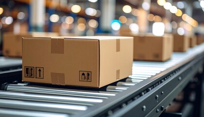 Packages on a conveyor belt for shipping and delivery in a warehouse, Logistics and storage center with goods moving automatically