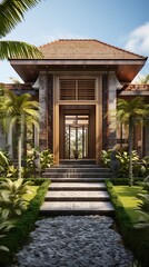 Tranquil tropical villa entrance with lush greenery offering a serene and inviting scene