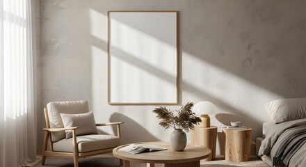 Modern minimalist bedroom interior design with sunlight mockup poster