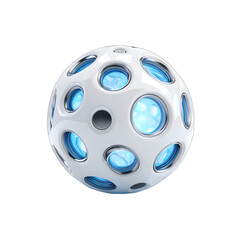 A white sphere with numerous recessed, circular openings.  Light blue glows within the recesses.  Glossy finish