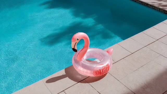 Pink Flamingo Float Resting Beside Sparkling Blue Swimming Pool Water.