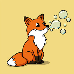 A cheerful fox blows bubbles into the air, sitting playfully against a light yellow background.