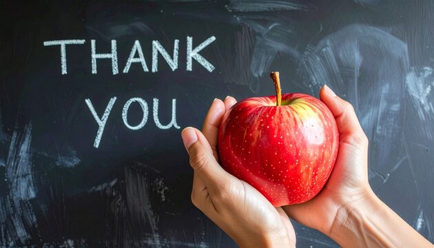 Hands holding a red apple in front of a chalkboard with the words thank you written in chalk, conveying gratitude and appreciation