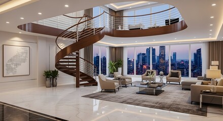 Luxury modern penthouse interior with spiral staircase and panoramic city skyline view