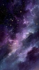 Fototapeta premium Realistic faded stars in dark cosmic sky with distant glowing points, soft gradient from deep purple and bluish black to lighter horizon, tranquil night space concept