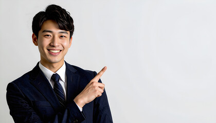 指差しで案内する笑顔のビジネスマン　コピースペース