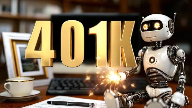 Futuristic Robot and Golden 401k Text Symbolizing Financial Growth and Technology.