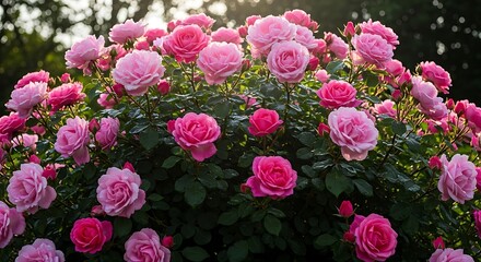 Obraz premium Bush of Pink Roses in Full Bloom.