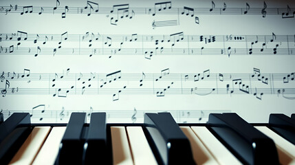 This is an image of a piano with musical notes in the background.