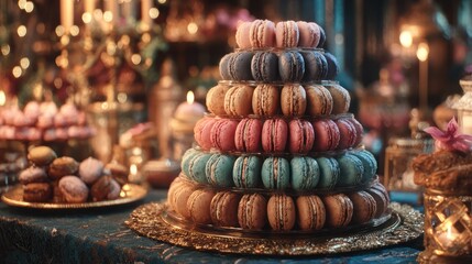 Colorful Macaron Tower Dessert Display at Elegant Party Celebration