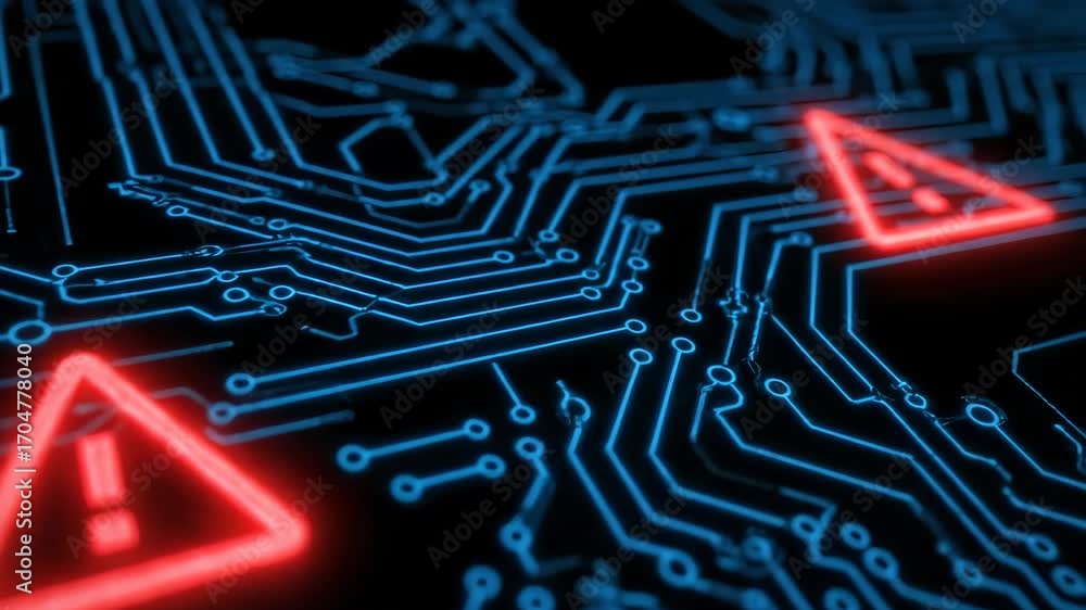 Poster glowing red warning triangle on digital circuit board cybersecurity threat and system error highligh