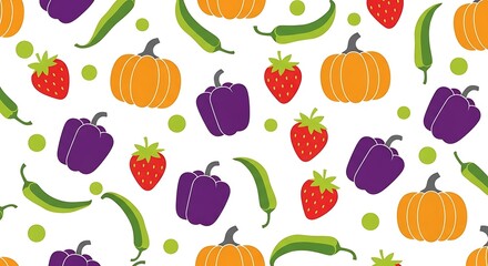 Fototapeta premium Seamless pattern of colorful vegetables and fruits on white background