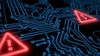 Glowing Red Warning Triangle on Digital Circuit Board Cybersecurity Threat and System Error Highlighted with Futuristic Technology and Blue Wireframe Contrast - Powered by Adobe