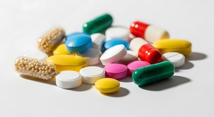 Colorful Assortment of Pills and Capsules on White Background.