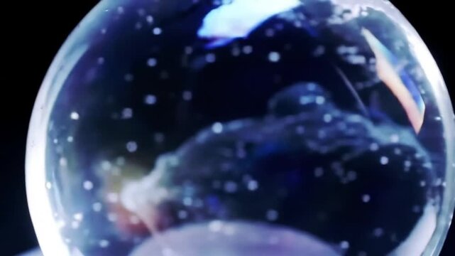 A mystical crystal ball or glass sphere containing a swirling cosmic nebula and white specks resembling stars.