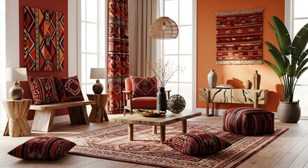 Living room interior with warm tones and bohemian textiles ethnic tribal