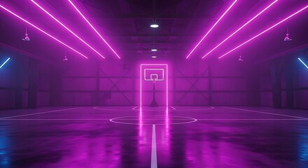 Futuristic neon basketball court with glowing purple and blue lights