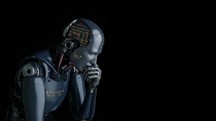 Advanced humanoid robot contemplating complex mathematical equations in thoughtful pose. - Powered by Adobe