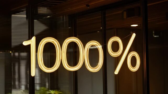 Glowing Neon 1000 Percent Sign Illuminates a Modern Interior at Night.