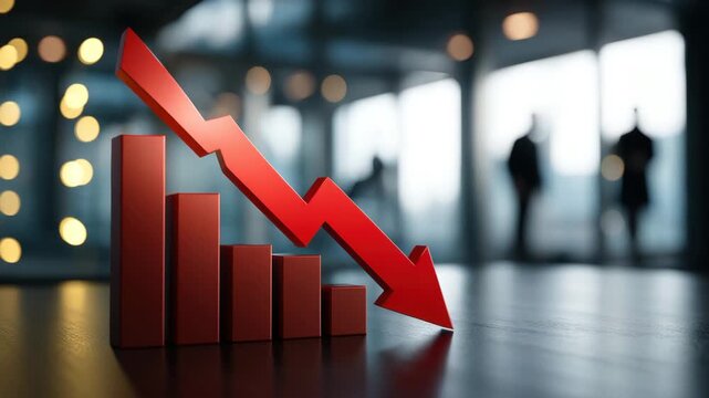 Red downward arrow and bar chart showing decline in business finance with economic downturn on desk, financial loss symbolized by downward graph in modern office environment