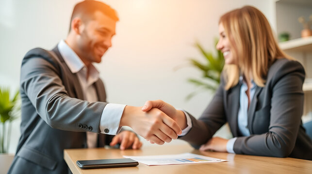 Couple handshake mortgage officer worker, accept bank loan terms and rates feel satisfied. Make financial deal, take credit, buying insurance cover, receive professional consult, sign contract concept - Powered by Adobe