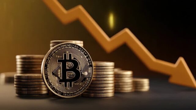 Bitcoin coin stack with downward arrow symbolizing cryptocurrency financial decline investment loss digital money market crash economic downturn virtual currency blockchain concept