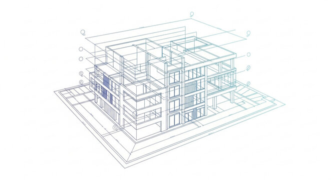 Architectural blueprint of a modern building design, showcasing structural elements and spatial layout