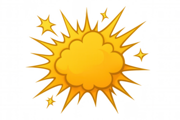 Colorful cartoon explosion featuring a vibrant yellow cloud and dynamic orange rays, set against a transparent background for versatile use