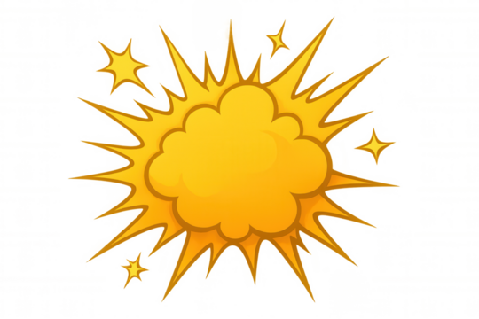 Colorful cartoon explosion featuring a vibrant yellow cloud and dynamic orange rays, set against a transparent background for versatile use