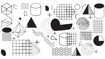 Set of editable vector creative geometric abstract elements for graphic design, printing and UI. Triangles, squares, circles and other simple shapes with editable stroke weight