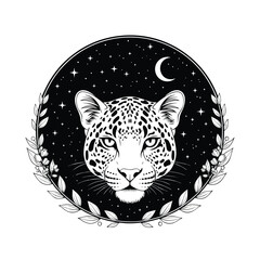 Mystical black and white leopard head illustration within a celestial circle of stars and moon.
