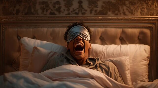 Person wearing sleep mask and vampire fang yawns widely cozy bed with soft pillow and warm light creating spooky yet comfortable bedroom night atmosphere while relaxing warm light and cozy bed with