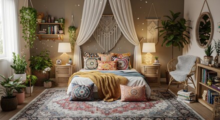 Cozy bohemian bedroom with patterned pillows plants and macrame wall hanging