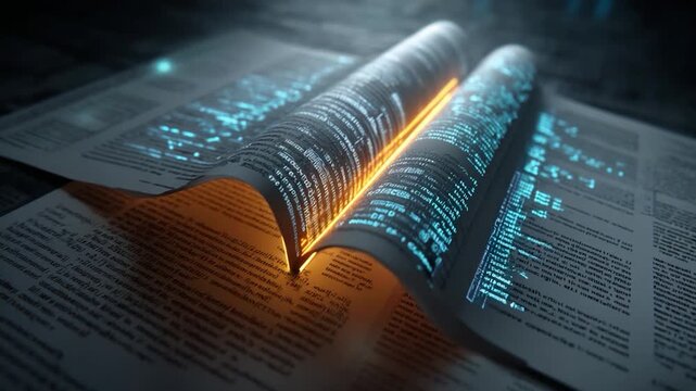 Document with code, glowing orange light emanating from the center fold