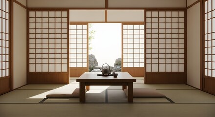 Traditional Japanese room with tatami mats shoji screens a low table and a tea set overlooking a zen garden