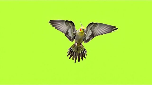 A beautiful grey and yellow cockatiel parrot flying with its wings fully spread against a solid green screen background.